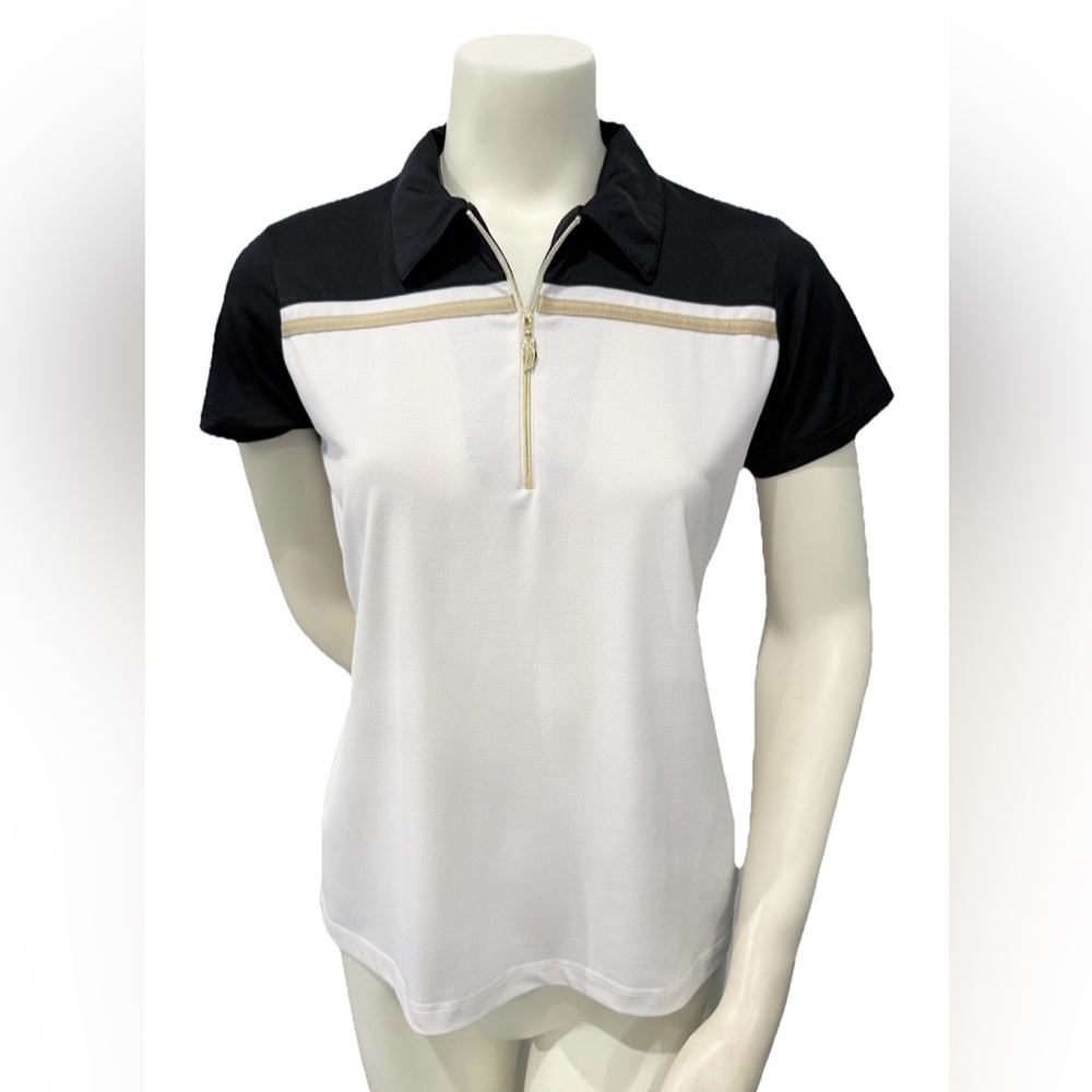 Vintage Sport Haley Golf Polo Top M Black White Gold Owl Zip Preppy